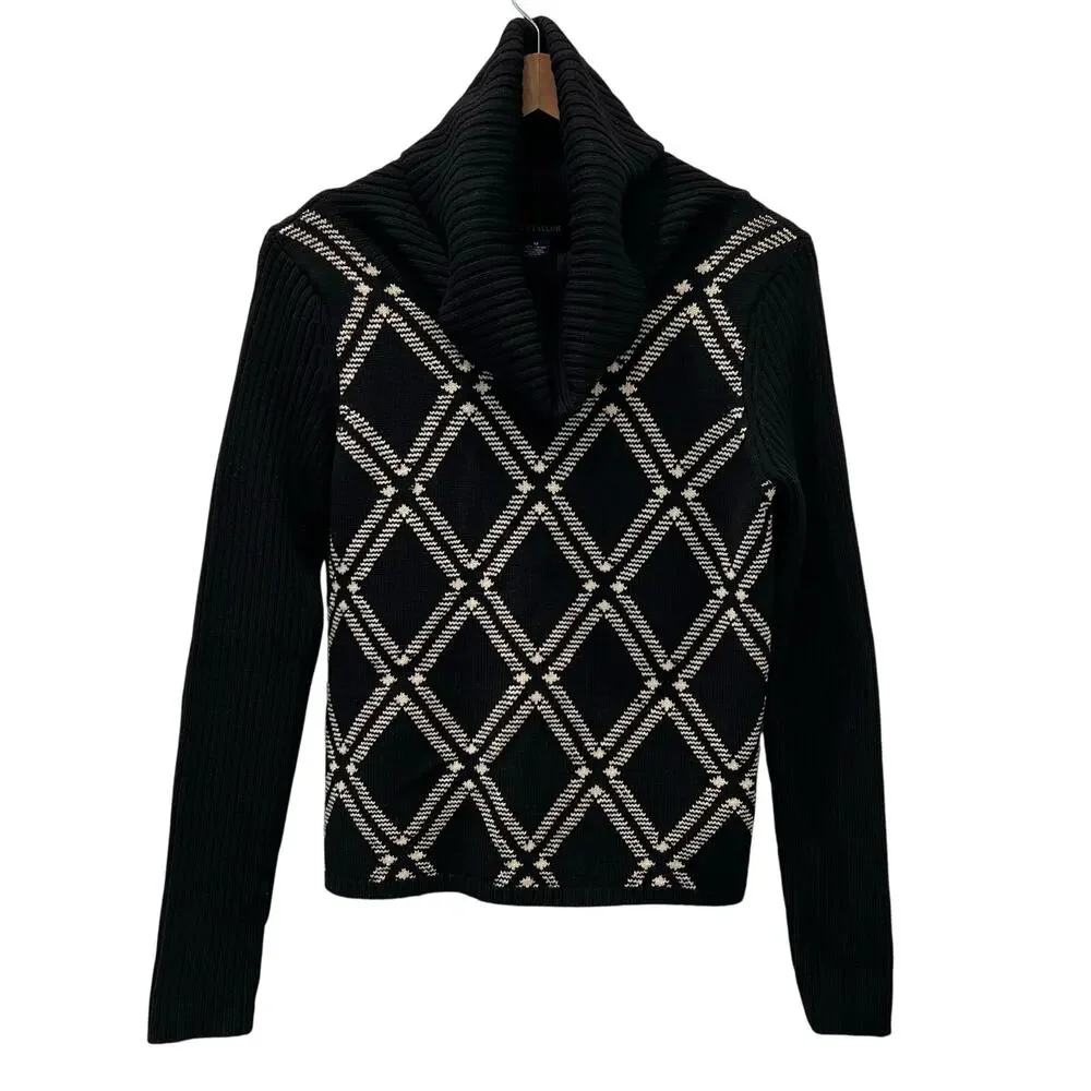 Ann Taylor Italian Merino Wool Argyle Cowl Neck Sweater Black White Medium